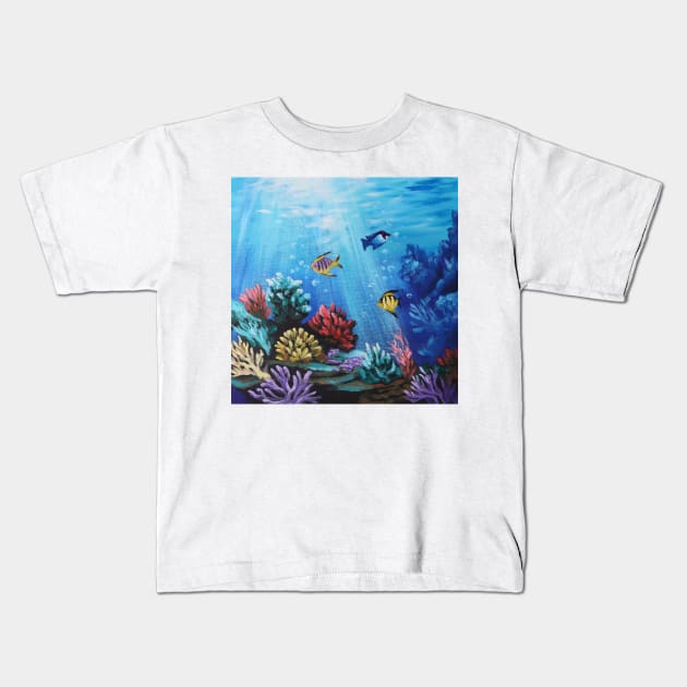 Blue Underwater Under the Sea Coral Reef Aquarium Saltwater Fish Kids T-Shirt by Tina